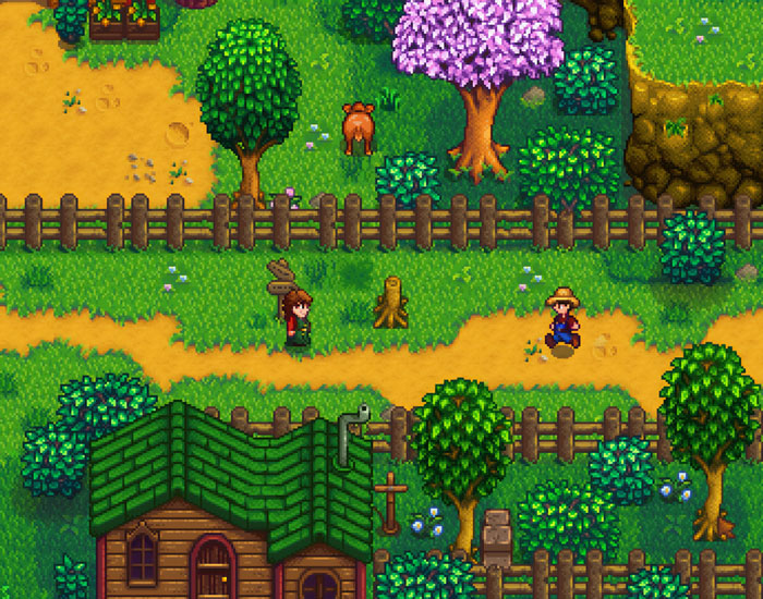 Pixel art scene from popular indie farming game showing characters, animals, and a green-roofed house in lush environment.