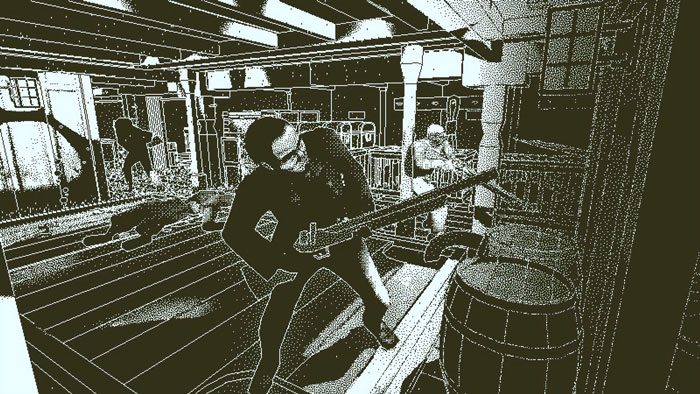 Indie game scene with characters engaging in combat inside a vintage wooden ship, highlighting top indie games action features.
