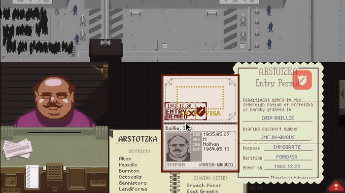 Pixel art scene from an indie game showing a border control checkpoint with entry permits and passports displayed.