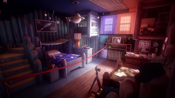 Cozy indie game bedroom scene with wooden furniture, space-themed decorations, and warm lighting showcasing top indie games.
