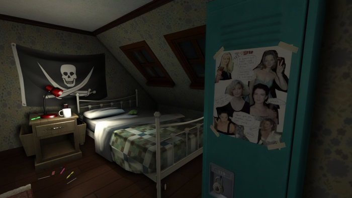 3D rendered indie game bedroom scene with a pirate flag, desk lamp, and locker featuring photos in a dimly lit attic.