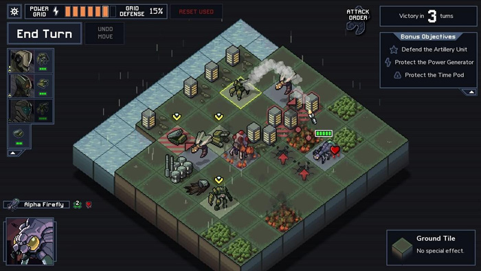 Turn-based strategy gameplay in a pixel art indie game with robotic units and city grid defense elements.