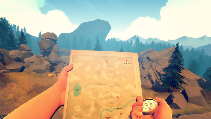 First-person view of a player holding a map and compass in a scenic outdoor setting from top indie games.