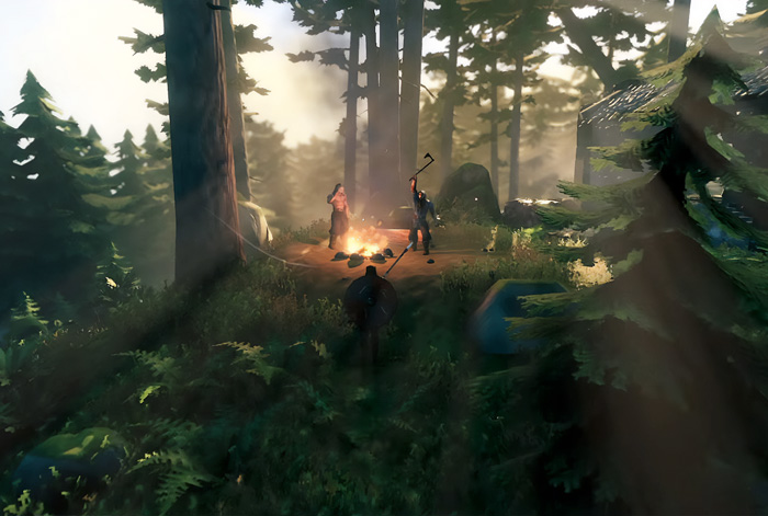 Players gathered around a campfire in a dense forest scene from one of the top indie games with atmospheric lighting effects.