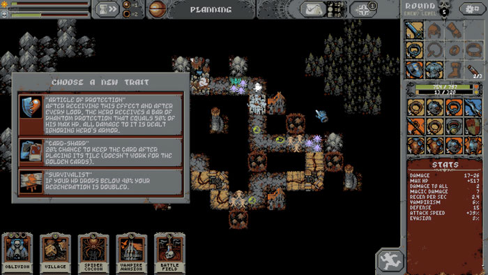 Indie game gameplay screen showing strategic planning, character stats, and upgrade options in a dark pixel art style.