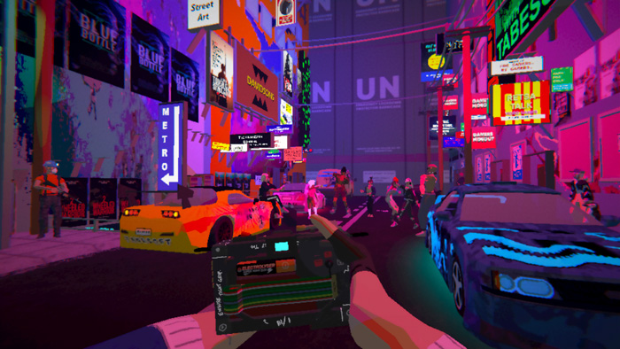 First-person view of a neon-lit city street scene in a top indie game with futuristic cars and vibrant crowds.