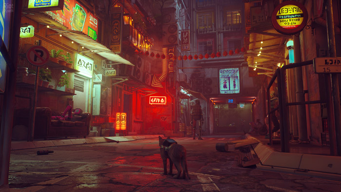 Cyberpunk street scene with neon lights and a cat exploring the urban environment in top indie games setting.