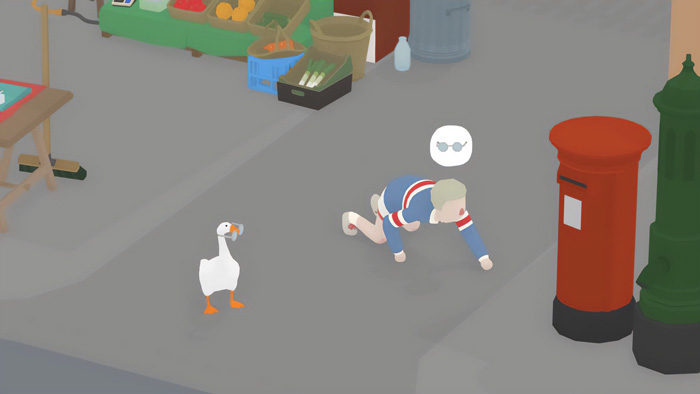 Character in striped sweater crawling on street near a goose and market stall in popular indie game scene.