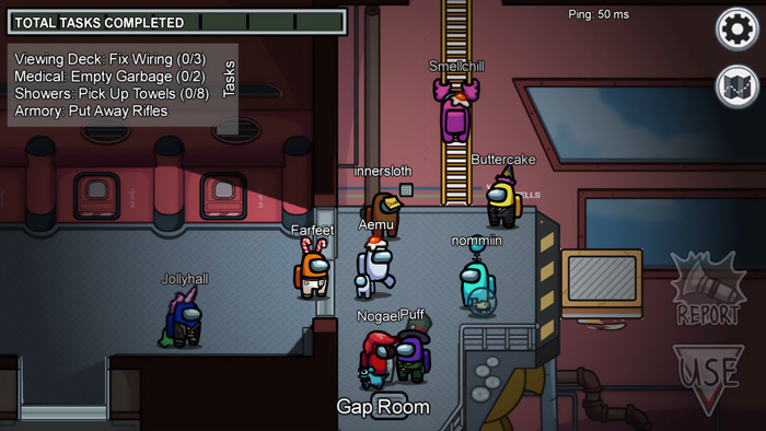 Among Us gameplay screenshot showing colorful crewmates completing tasks in spaceship, popular indie games to look out for.