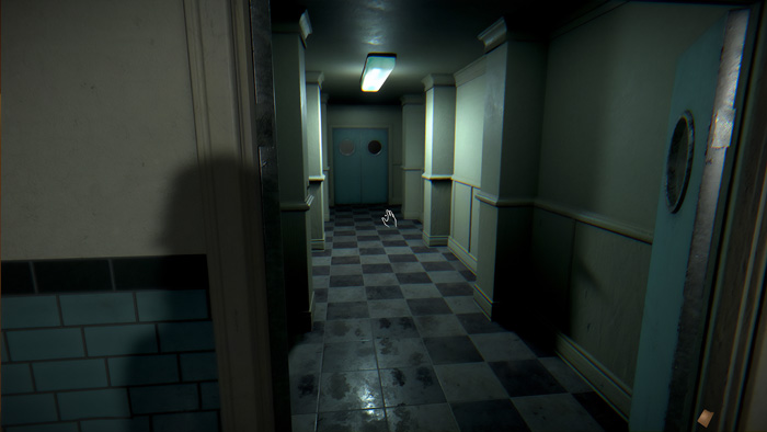 Dark eerie hallway in an indie game environment with tiled floor, dim lighting, and mysterious shadows for top indie games.