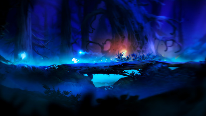 A glowing character explores a dark forest in a visually stunning scene from top indie games to look out for.