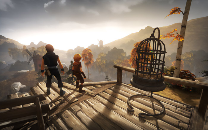 Two characters stand on a wooden platform overlooking a scenic autumn landscape in a top indie games setting.