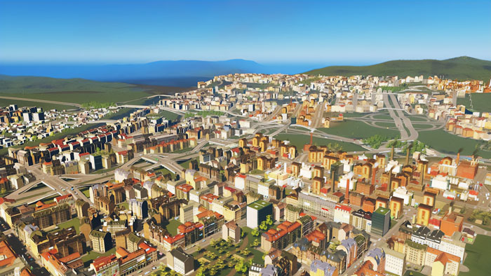 A detailed cityscape from an indie game showcasing urban areas and surrounding green hills, highlighting top indie games features.