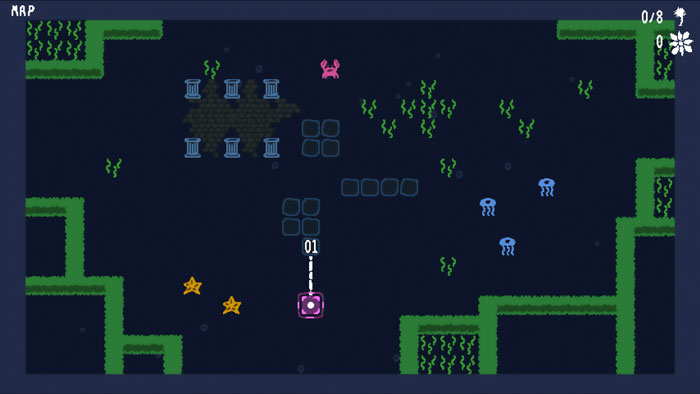 Pixel art underwater level from an indie game featuring sea creatures, obstacles, and collectible stars for indie games SEO.