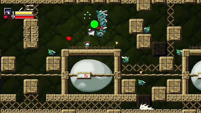 Pixel art indie game gameplay showing a character battling enemies in a dungeon with platform elements and health indicators.
