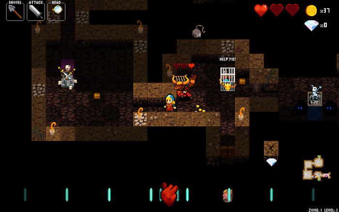 Pixel art indie game scene showing characters, enemies, and collectibles in a dark underground dungeon environment.