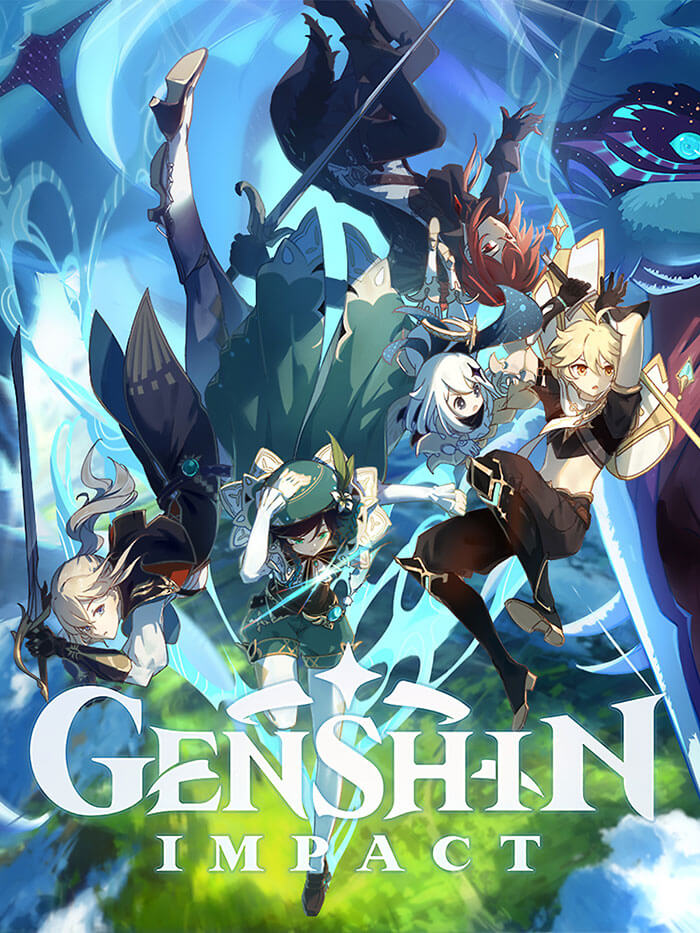 Genshin Impact characters in action with magical effects, representing popular mobile games to download and play.