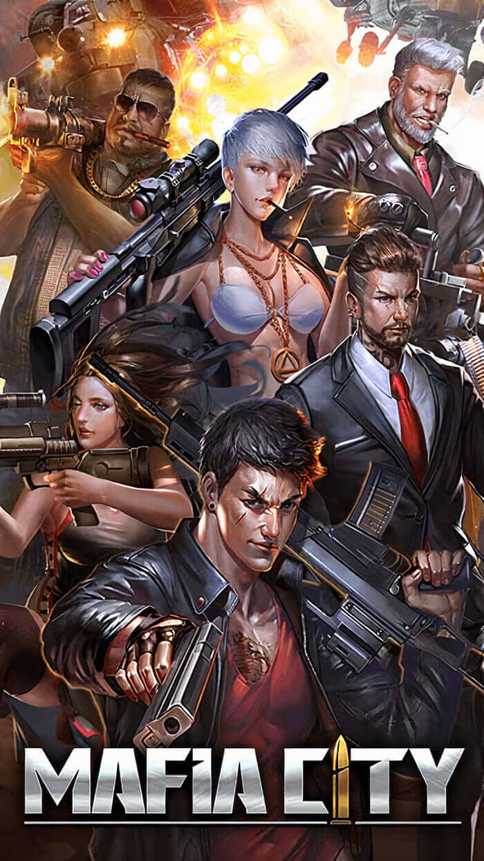 Mafia City characters armed with weapons in an action-packed mobile game scene featuring intense combat and explosive backgrounds.