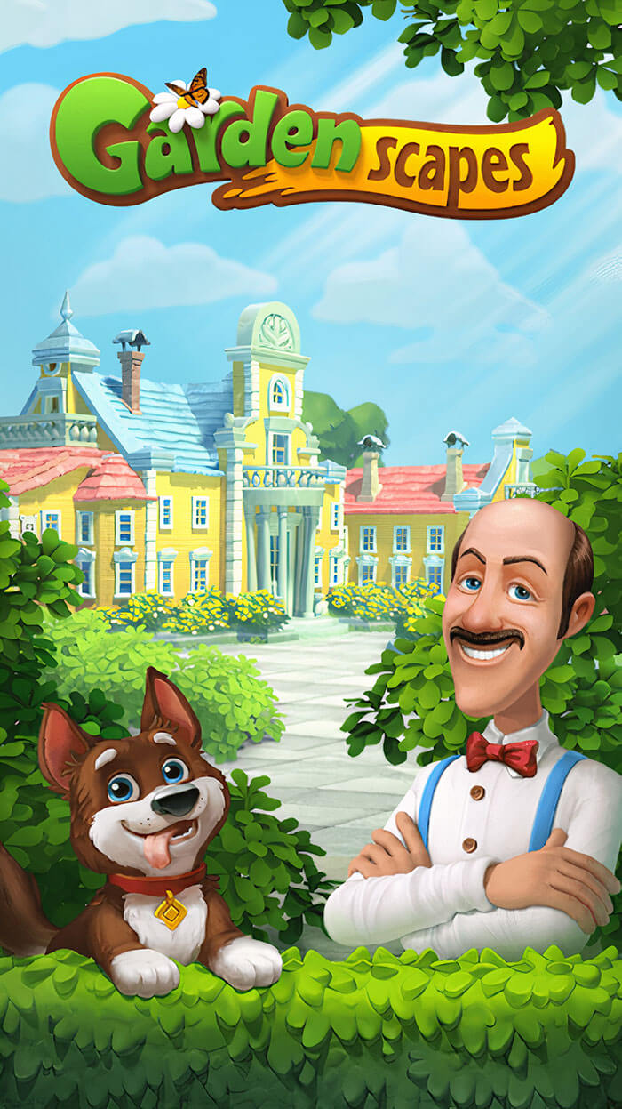 Gardenscapes mobile game featuring a cheerful man and happy dog in front of a large mansion and lush garden setting.