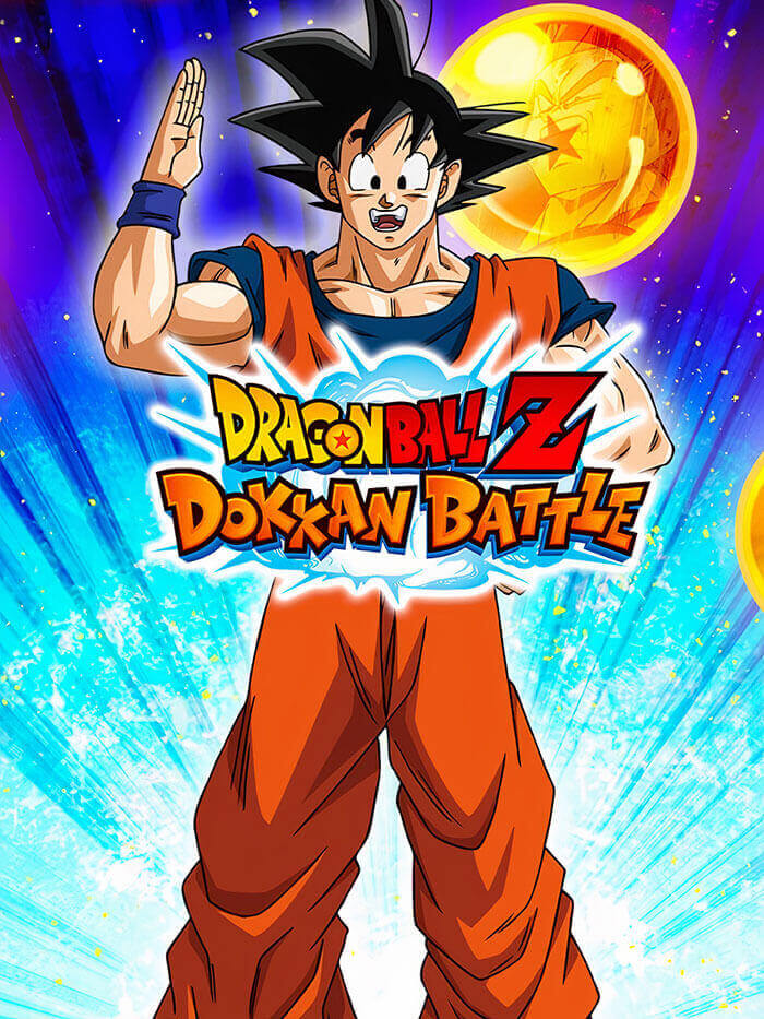 Anime character Goku from Dragon Ball Z in orange outfit with bright background promoting mobile game Dokkan Battle.