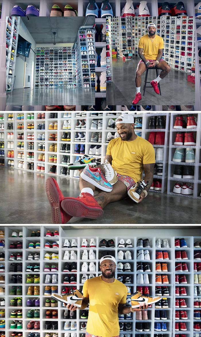Celebrity showcasing vast sneaker collection, highlighting wealth abundance.