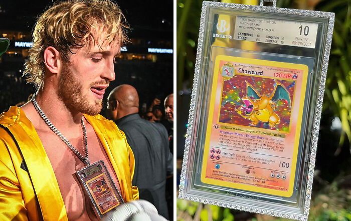 Celebrity displaying wealth with a gold jacket and framed Charizard card.