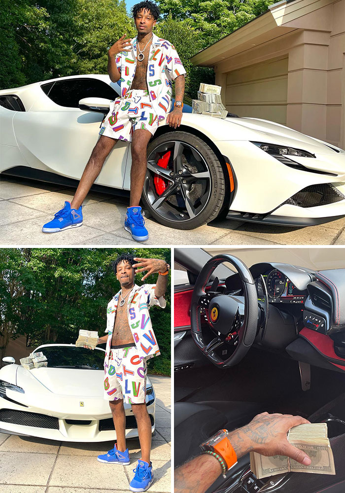 Celebrity posing with luxury car and stacks of cash, flaunting wealth.