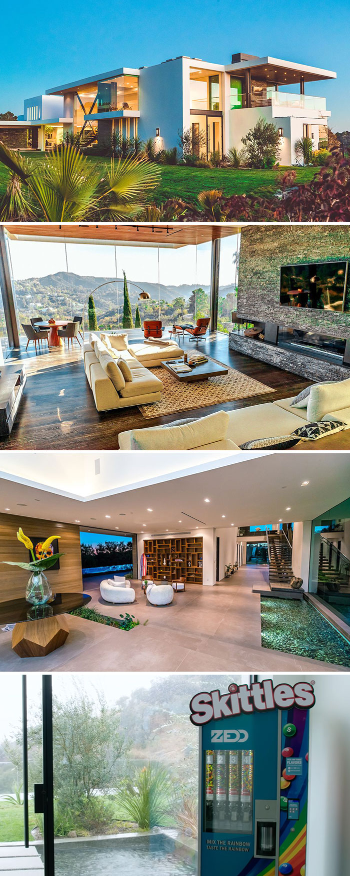 Luxury celebrity mansion featuring lavish interiors, panoramic views, and a Skittles vending machine flaunting wealth.