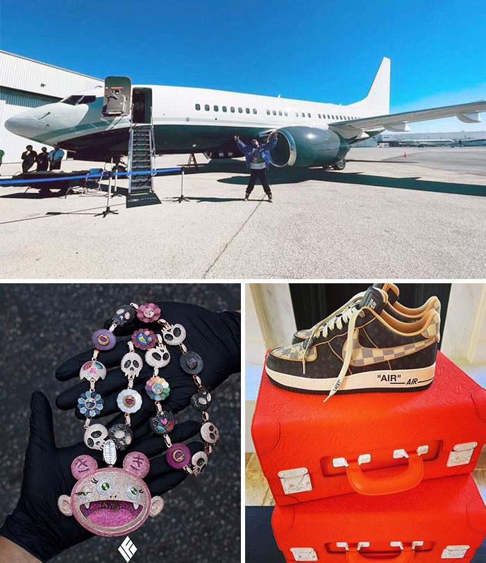 Celebrities flaunting wealth with a private jet, diamond necklace, and designer sneakers on luxury luggage.
