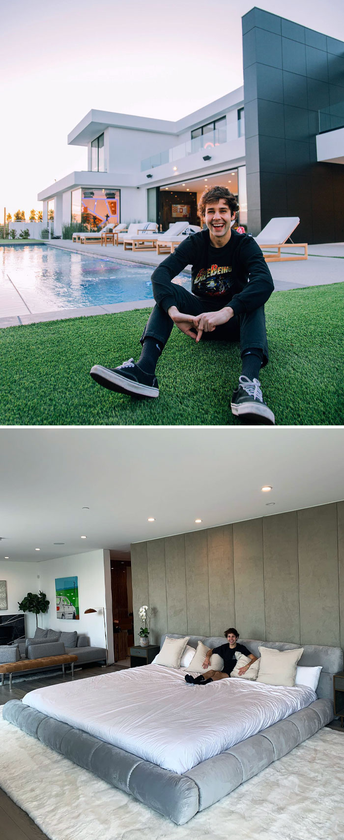 Celebrity flaunts wealth with a luxurious home and huge bed, sitting by the pool in casual attire.