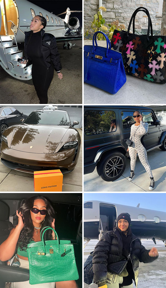 Celebrities flaunting wealth with luxury cars, designer bags, and private jets in various settings.
