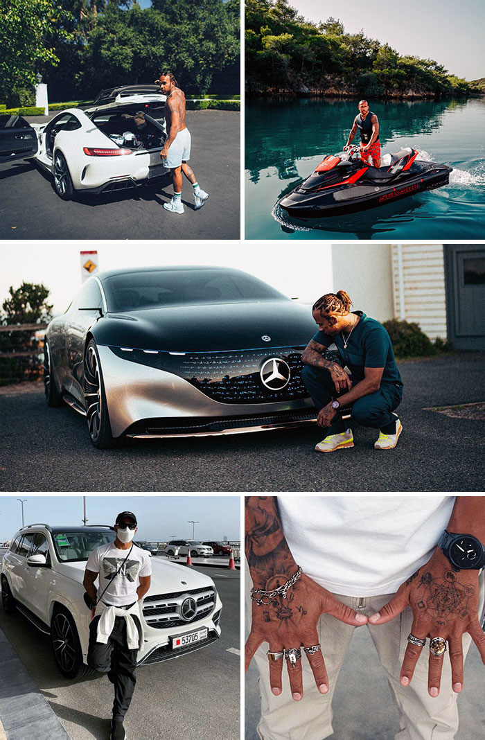 Celebrities flaunting wealth with luxury cars, jet ski, tattoos, and jewelry in various settings.