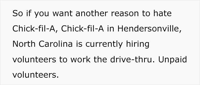 "We Are Looking For Volunteers For Our New Drive Thru": Chick-Fil-A Faces Backlash For Their Despicable Volunteer Search "We Are Looking For Volunteers For Our New Drive Thru": Chick-Fil-A Faces Backlash For Their Despicable Volunteer Search