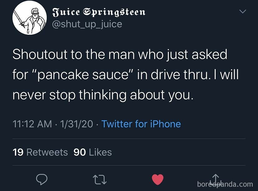 Tweet humorously calls syrup "pancake sauce" in drive-thru, highlighting funny alternative naming.