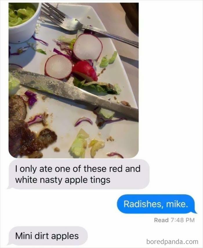 Text conversation about radishes humorously called "mini dirt apples" on a plate.