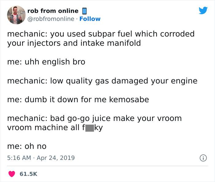 Mechanic explaining engine issues humorously with funny alternative terms for simple things.