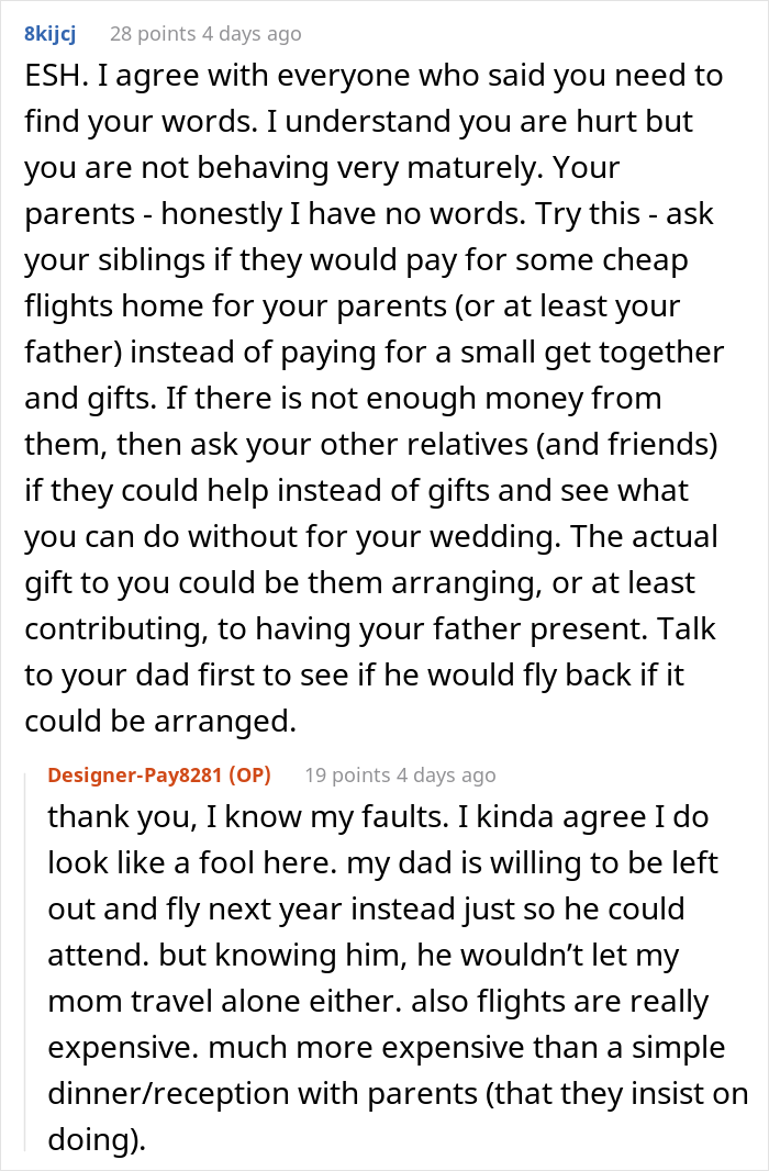Bride-To-Be Asks If She's Wrong To Be Angry With Parents For Going On Vacation Instead Of Attending Her Wedding - 15