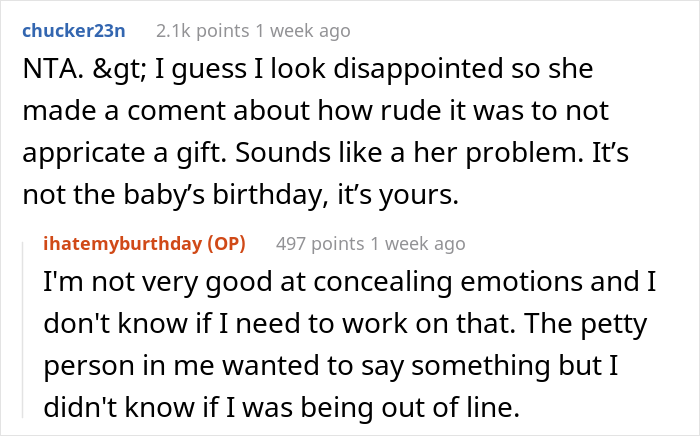 "People Have Told Me I Was Ungrateful And Selfish": New Mom Upset She Got Baby Stuff On Her Birthday, Wonders If She's A Jerk "People Have Told Me I Was Ungrateful And Selfish": New Mom Upset She Got Baby Stuff On Her Birthday, Wonders If She's A Jerk