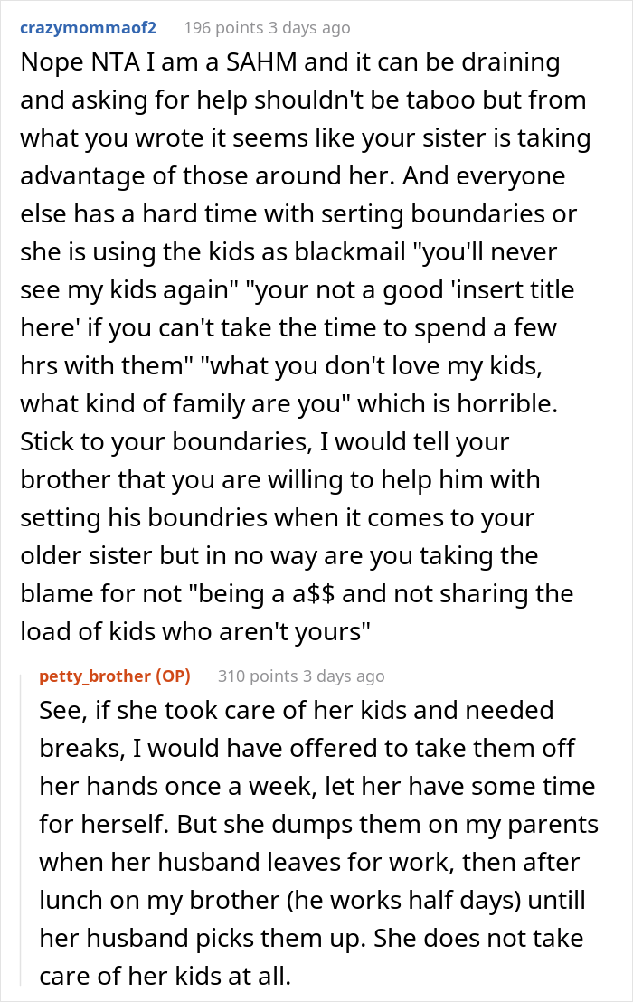 Woman Upset As Her Younger Brother Flatly Declares He&rsquo;s Not A Nanny For Her 3 Kids, Calls Him A Jerk