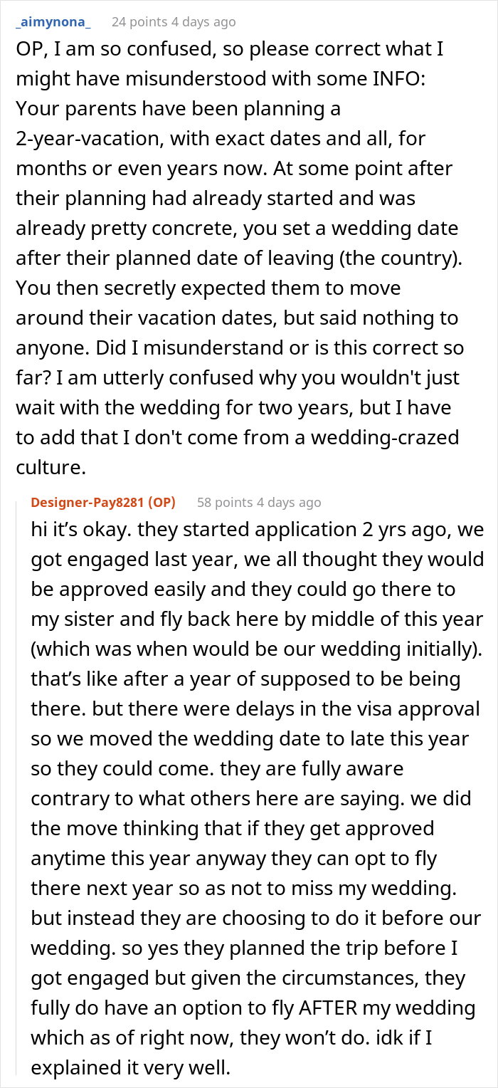 Bride-To-Be Asks If She's Wrong To Be Angry With Parents For Going On Vacation Instead Of Attending Her Wedding - 13