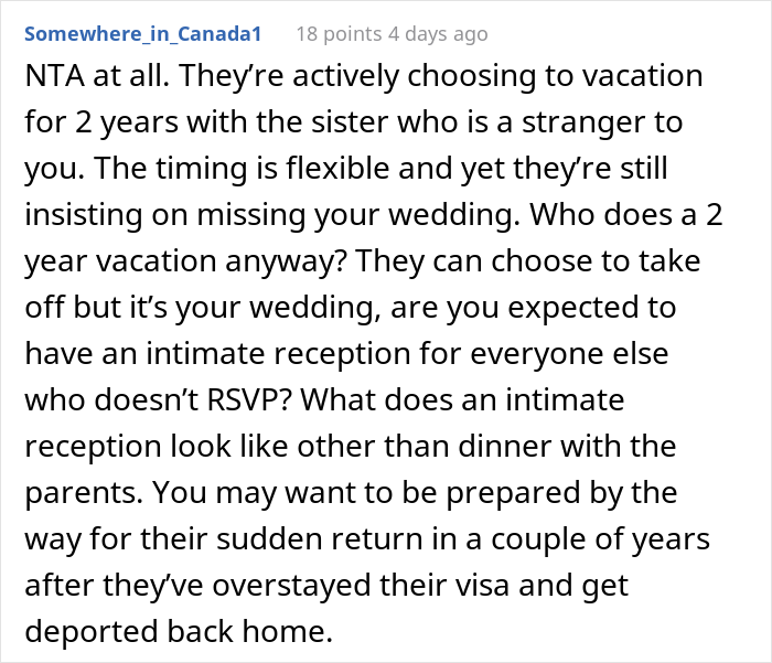 Bride-To-Be Asks If She's Wrong To Be Angry With Parents For Going On Vacation Instead Of Attending Her Wedding - 30