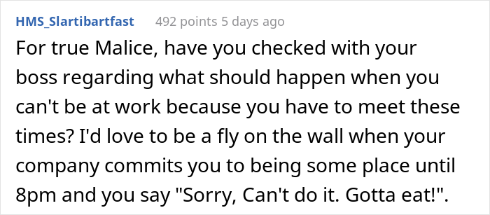 Employee Is Told To Have Their Meals Only During Assigned Time Periods, They Maliciously Comply And End Up Doing Less Work