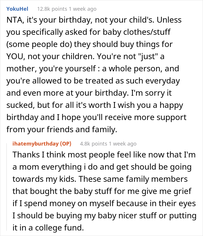 "People Have Told Me I Was Ungrateful And Selfish": New Mom Upset She Got Baby Stuff On Her Birthday, Wonders If She's A Jerk "People Have Told Me I Was Ungrateful And Selfish": New Mom Upset She Got Baby Stuff On Her Birthday, Wonders If She's A Jerk