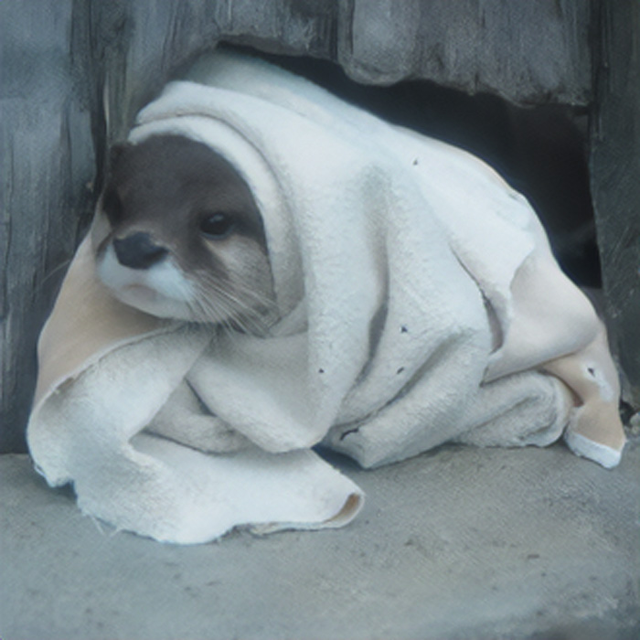 Cute otter wrapped in a blanket, peeking out from a wooden nook.