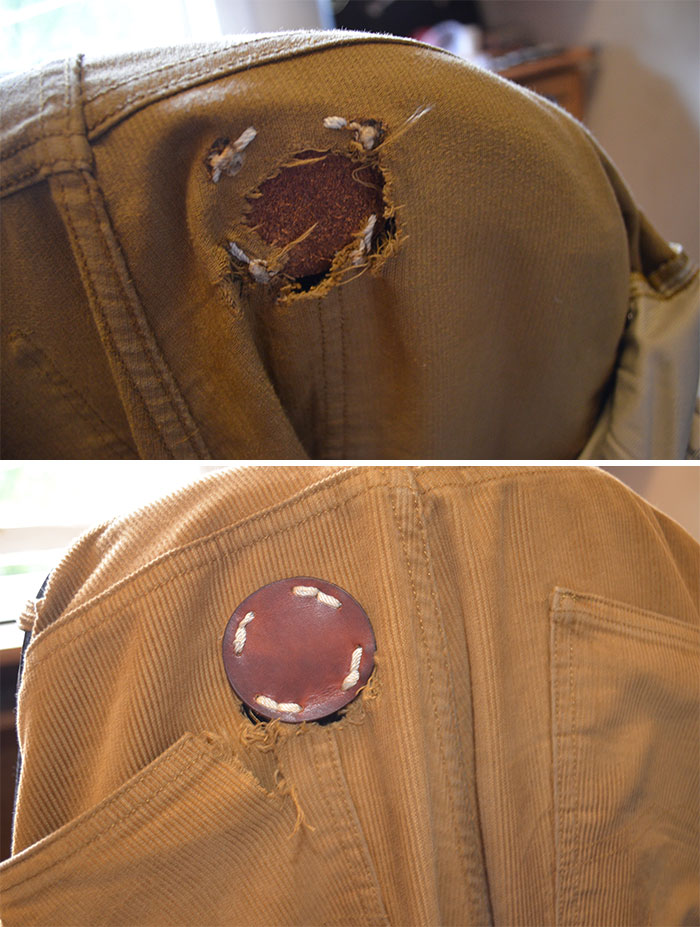 Tried To Patch Up A Hole In My Corduroy Pants With A Bit Of Leather And Some Thick String. Total Fail. Any Advice For How To Patch Up Corduroy Pants?