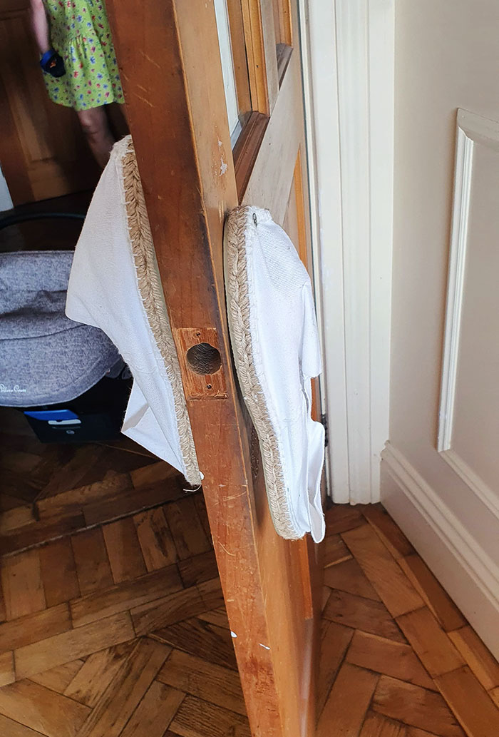 The Handle Fell Off At My Moms House, So She Glued A Pair Of Espadrilles To The Door