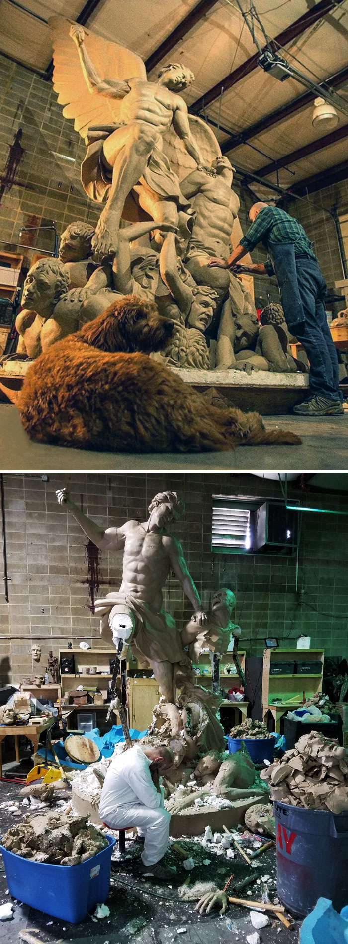 This Accurately Depicts My Co-Worker's Roller Coaster Of Emotions After Working On This Sculpture For 5 Years. Before vs. After