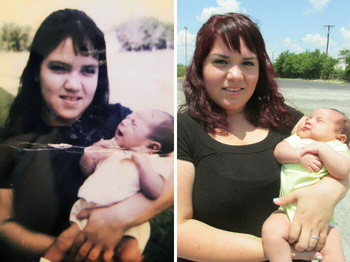 "Like Mother, Like Daughter" Taken A Little Too Literally. My Mom Is On The Left With Her First Born Son 41 Years Ago And Me On The Right With My First Born Son Today