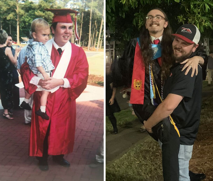 Yo sosteniendo a mi hijo en mi graduación del bachillerato vs. Yo sosteniendo a mi hijo en su graduación del bachillerato