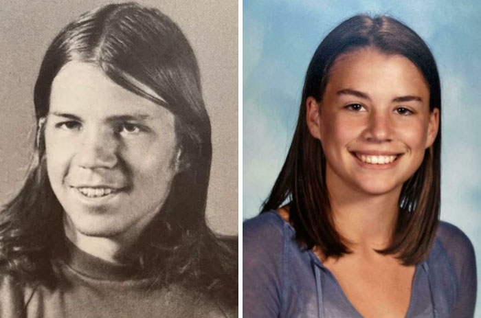 My Dad’s Senior Picture In 1975 vs. My High School Picture Freshman Year In 2004 